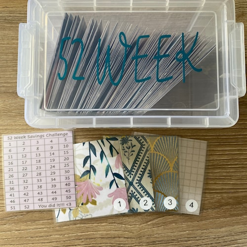 Reto de ahorro de sobres de 52/100 semanas: Diseños divertidos, caja transparente
