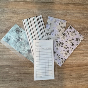 May include: Four decorative envelopes with different patterns, including tropical leaves, stripes, and floral designs. A white sheet of paper with the words "CATEGORY", "STARTING BALANCE", "DATE", "DESCRIPTION", "+/-", and "BALANCE" is visible in the center of the image.