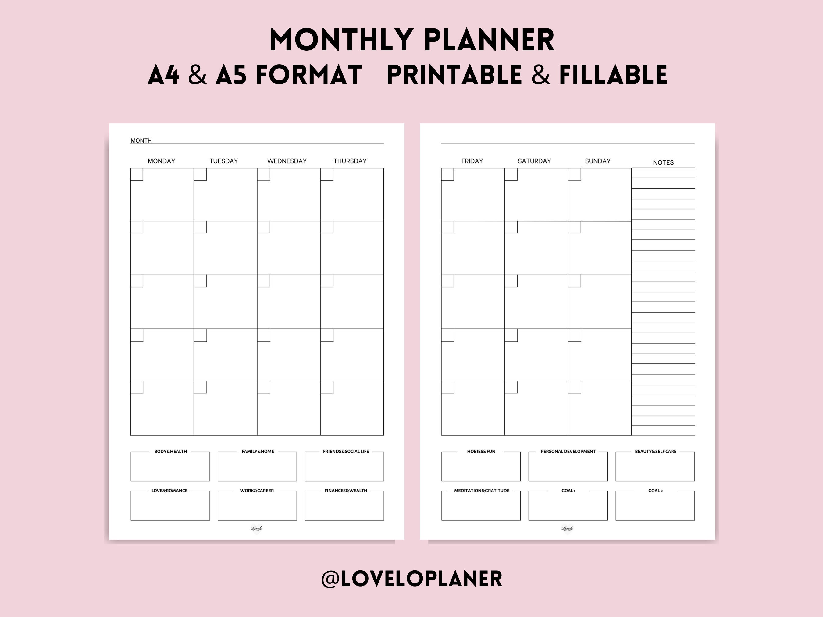 Monthly Planner Undated Month on Two Pages Monthly Calendar Inserts ...