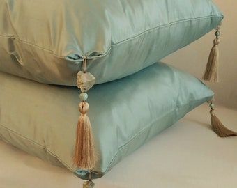 Ruya aqua green pure silk taffeta throw pillow with rough prehnite gemstone detail / tassels 58cm x 58cm