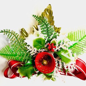 Vintage Style Handmade Christmas Corsage Made with Vintage Materials Red Bell and Bow