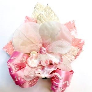 Vintage Style Pink Orchid Corsage: Velvet Leaves, &quot;To Mother&quot; Ribbon