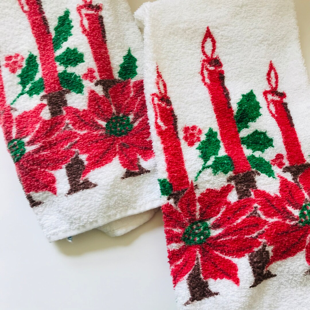 2 Vintage Unusual Canon Christmas Candle Poinsettia Hand Terrycloth Towels Bathroom Christmas 