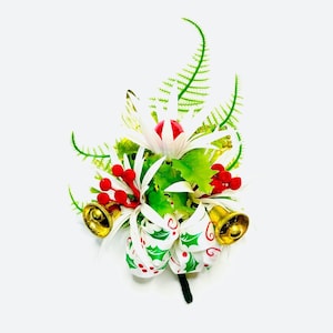 Vintage Style Handmade Christmas Retro Corsage with Vintage Bells, Mini Mercury Ornaments and White Poinsettias