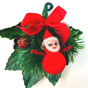 Vintage Style Handmade Christmas Corsage Red Flocked Santa Repurposed,  1950s Style Christmas Corsage Handmade