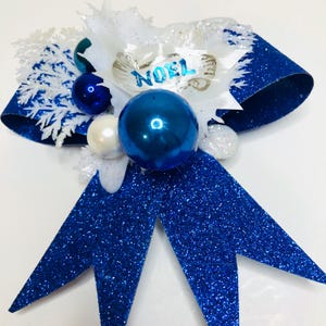 Vintage Style  Handmade Blue and White Noel Christmas Corsage with Glittery Vintage Ivy, Vintage Style Christmas 1960s Corsage