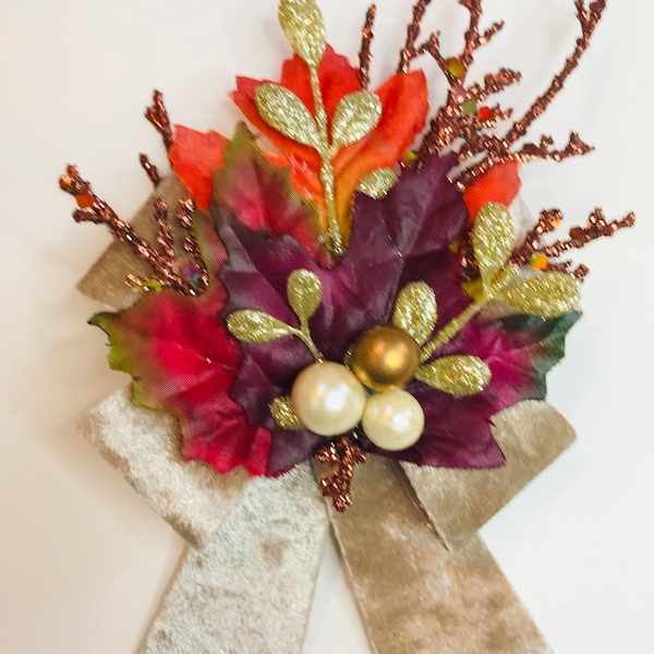 Vintage Style Handmade Autumn, Fall, Thanksgiving Corsage with Fall Leaves on a Velvet Bow