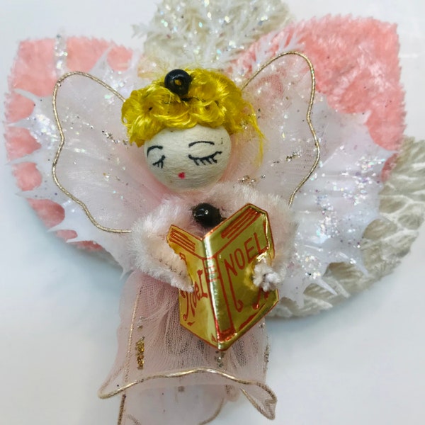 Vintage Style Handmade Christmas Pink and White Angel Corsage with Vintage Velvet Leaves and Vintage Spun Cotton Angel
