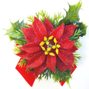 Vintage Style Handmade Red Flocked Poinsettia Christmas Corsage on Red Velvet Bow, Christmas Corsage
