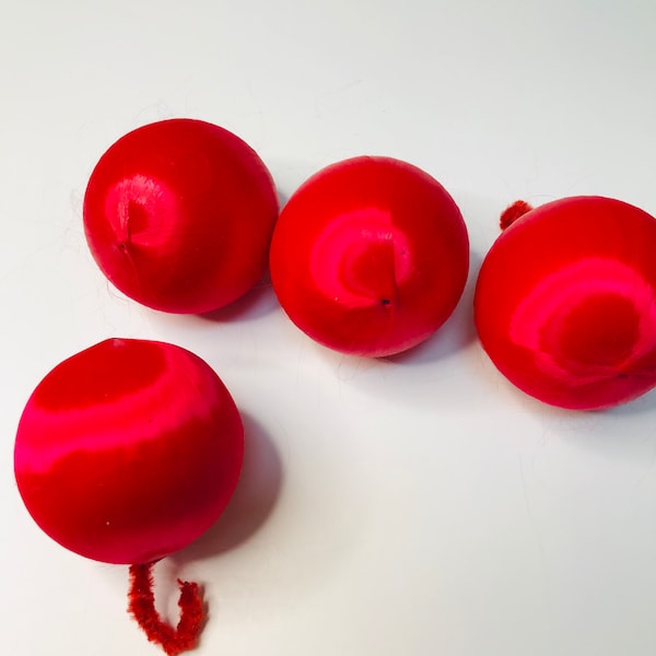 4 Vintage Styrofoam Red 2 Inch Red Satin Balls with Red Pipe Cleaner Hooks