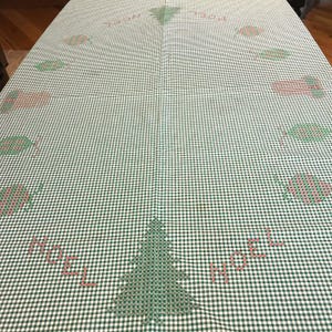 Vintage Christmas Cross Stitch Pattern Handmade Green Gingham Cotton Tablecloth Unstitched 56x70 in
