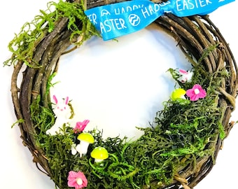 Little 6 Inch Grapevine Handmade Easter Wreath with Vintage Bunnies and Mushrooms