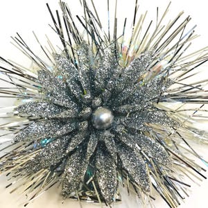 Vintage Style 1950s Silver Glitter Handmade Christmas Corsage with Poinsettia and Bell