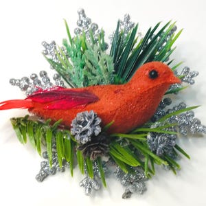 Vintage 1960s Style Christmas Corsage with Glittery Red Bird