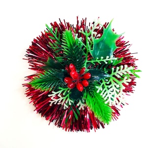Vintage Style Handmade Christmas Corsage with Red Tinsel and Vintage Holly