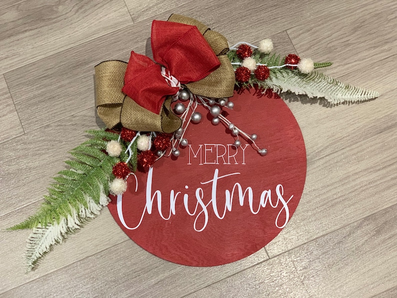 Christmas Wooden Door Hanger Door Wreath Home Decor Christmas Decoration Front door sign Wall decor Merry Christmas Red image 1