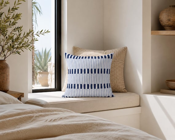 Navy and White Stripe Outdoor Pillow | Coastal Geometric – UV Resistant Patio Cushion