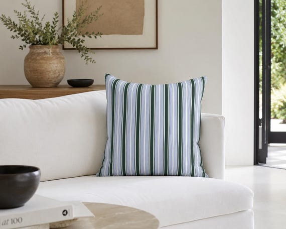 Green and Blue Striped Outdoor Pillow | Classic Ticking Stripe – UV Resistant Patio Cushion