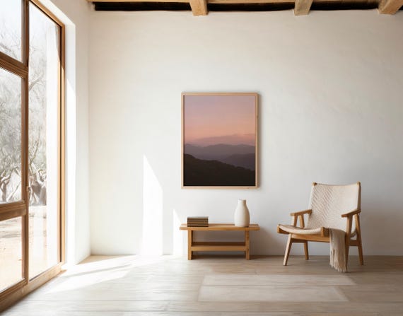 Misty Mountain Sunset Print | Blush Pink Nature Landscape Wall Art (Digital Download)