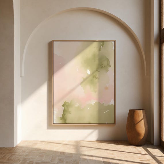 Sage Blush Watercolor Wall Art | Soft Green Pink Abstract – Canvas & Framed Canvas Print