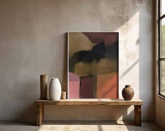 May include: An abstract painting with a white frame, featuring a blend of colors including pink, orange, and dark green. The artwork is displayed on a wooden bench, accompanied by decorative vases and a small wooden cup. The scene is illuminated by natural light.