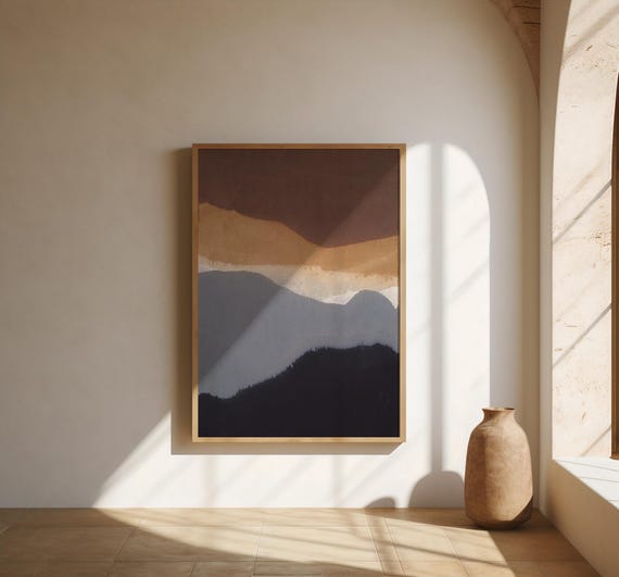 Mountain Landscape Poster | Earthy Brown Blue Layers – Fine Art Print
