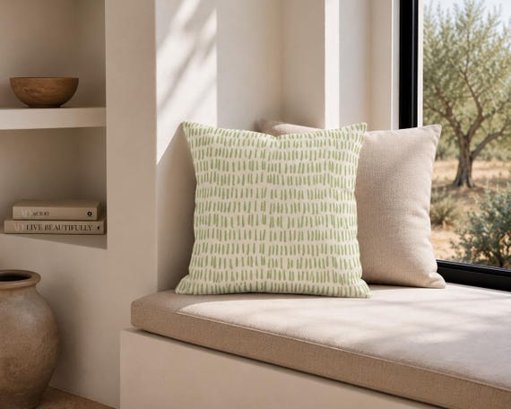 Sage Green Minimal Outdoor Pillow | Dash Pattern – UV Resistant Patio Cushion