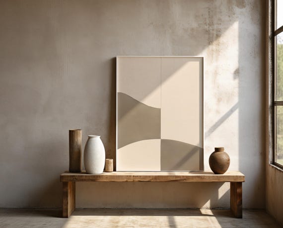 Minimal Taupe Abstract Curves on Cream | Framed Poster