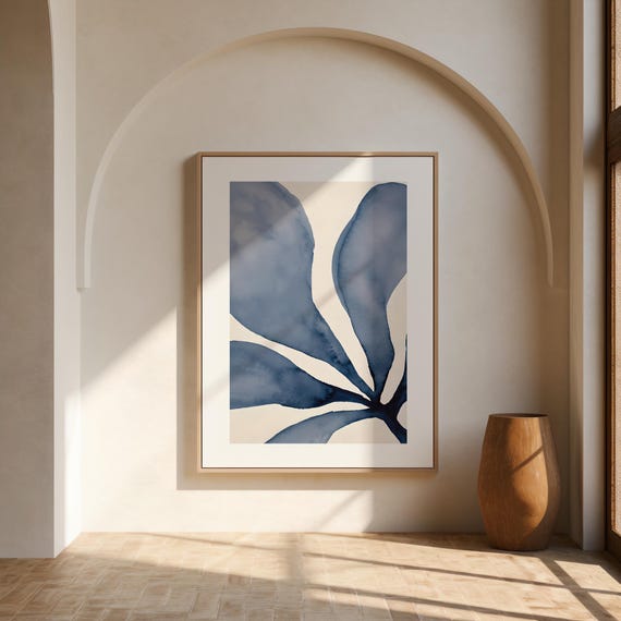Blue Watercolor Botanical Art Print: Minimalist Indigo Leaf Poster (Unframed)