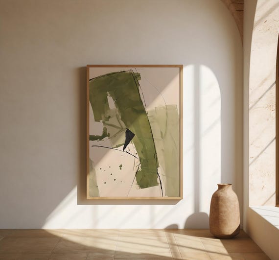 Olive Green Organic Abstract on Cream | Fine Art Poster
