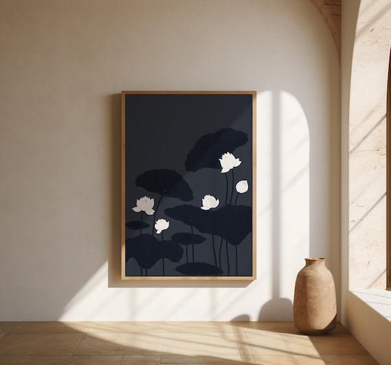 Lotus Wall Art | White Blooms on Charcoal – Fine Art Poster Print