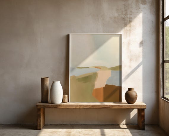 Earthy Green & Terracotta Abstract Landscape Wall Art | Framed Poster