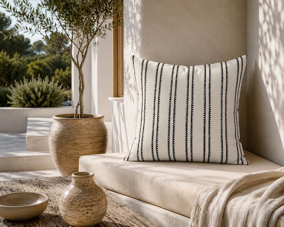 Black Sketch Stripe Outdoor Pillow | Cream Graphic Pattern – UV Resistant Patio Cushion