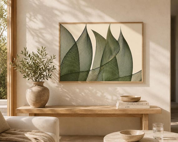 Horizontal Botanical Leaf Wall Art | Olive Green Line – Fine Art Poster Print