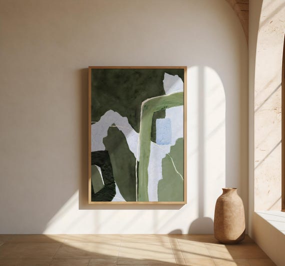 Olive Green & Soft Blue Abstract Wall Art – Fine Art Poster