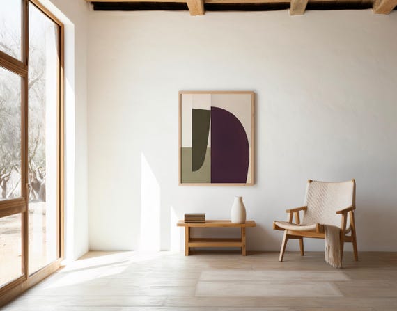 Modern Geometric Abstract Wall Art with Deep Plum and Olive Tones – Digital Download