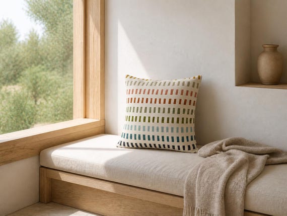 Multicolor Tick Stripe Outdoor Pillow | Rainbow Row Pattern – UV Resistant Patio Cushion
