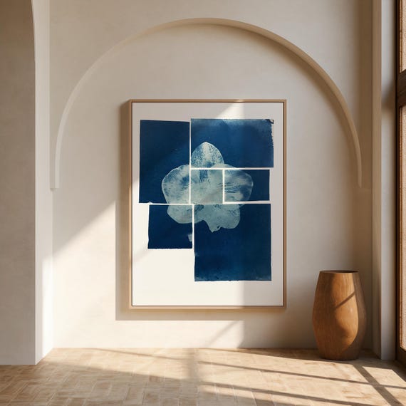 Blue Botanical Wall Art Print • Cyanotype Flower Poster • Modern Botanical Printable • Digital Download Artwork