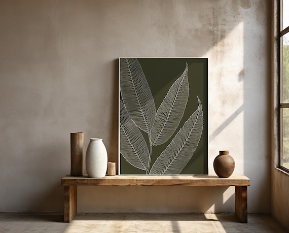 Green Botanical Line Art Print – Minimalist Leaf Wall Art – Framed Poster