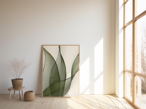 Minimalist Botanical Line Art Print: Green Leaf Abstract (Digital Download)