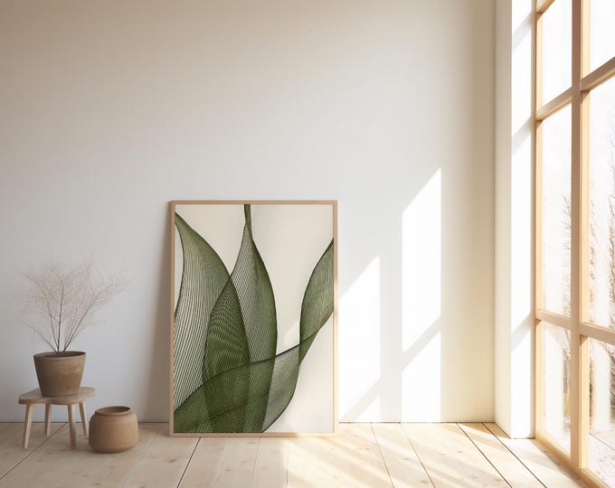 Featured listing image: Minimalist Botanical Line Art Print: Green Leaf Abstract (Digital Download)