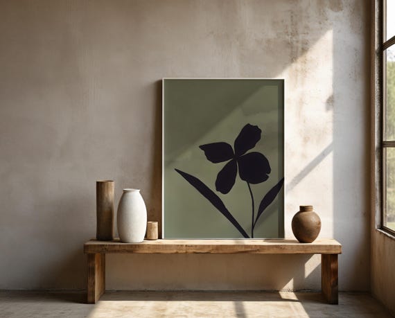 Dark Floral Silhouette Print | Moody Olive Green Botanical Poster (Framed Available)