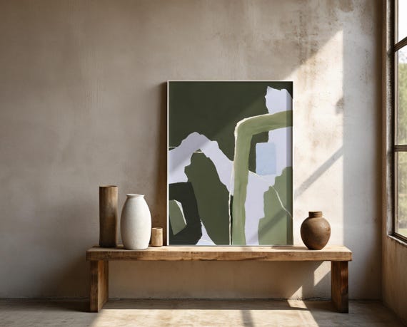 Green Blue Abstract Print | Olive Sage Painterly Wall Art (Framed Poster)