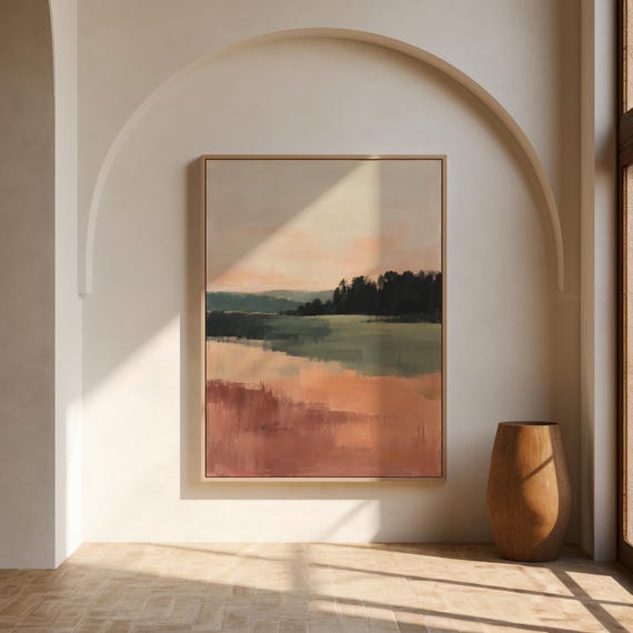 Peach & Olive Landscape Wall Art | Modern Abstract – Framed Canvas Print
