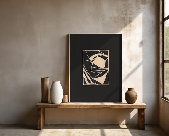 Charcoal and Beige Abstract Wall Art | Minimal Line Modern | Framed Poster