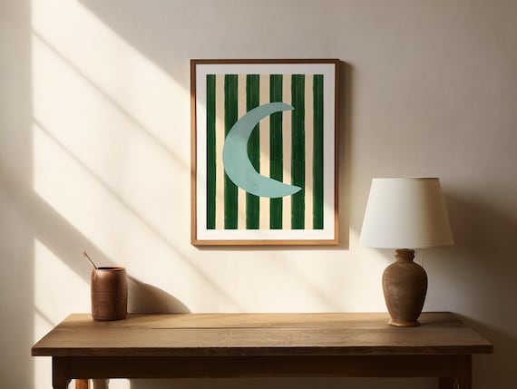 Crescent Moon Nursery Art | Green Striped Digital Download