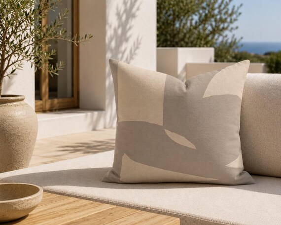 Taupe and Cream Abstract Outdoor Pillow | Bold Shapes – UV Resistant Patio Cushion