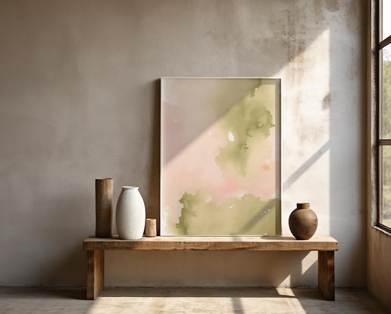 Soft Sage & Blush Abstract Wall Art – Framed Poster