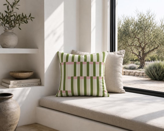 Green Pink Stripe Outdoor Pillow | Cream Grid Pattern – UV Resistant Patio Cushion