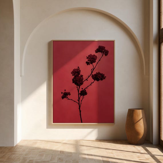 Red Botanical Wall Art | Dark Blossom Branch – Framed Canvas Print